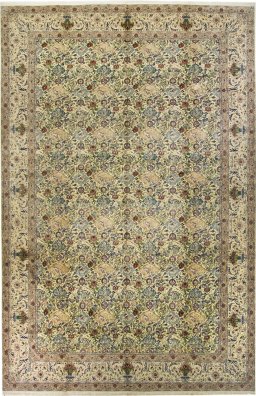Full view of New Nain 6La with Silk rug from Iran / Persia, 595 × 390 cm in Beige tones