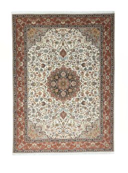 Full view of New Tabriz 50/60/70 Raj rug from Iran / Persia, 347 × 254 cm in Beige tones