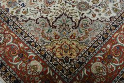 Full view of New Tabriz 50/60/70 Raj rug from Iran / Persia, 347 × 254 cm in Beige tones