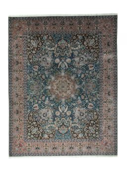 Full view of 1970s Tabriz 50/60/70 Raj rug from Iran / Persia, 398 × 311 cm in Green tones