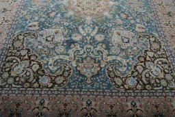 Full view of 1970s Tabriz 50/60/70 Raj rug from Iran / Persia, 398 × 311 cm in Green tones