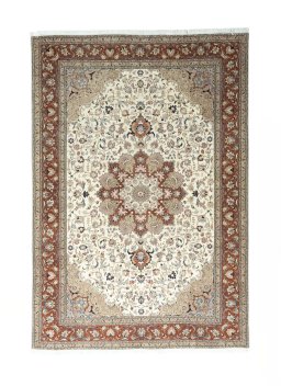Full view of New Tabriz 50/60/70 Raj rug from Iran / Persia, 298 × 204 cm in Beige tones