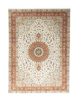 Full view of New Tabriz 50/60/70 Raj rug from Iran / Persia, 346 × 252 cm in Beige tones
