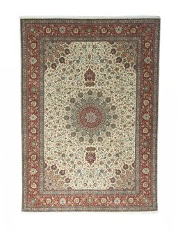 Full view of New Tabriz 50/60/70 Raj rug from Iran / Persia, 352 × 250 cm in Beige tones