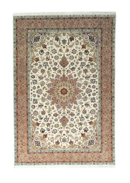 Full view of New Tabriz 50/60/70 Raj rug from Iran / Persia, 296 × 200 cm in Beige tones