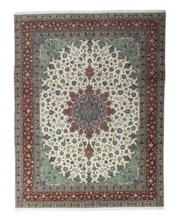 Full view of New Tabriz 50/60/70 Raj rug from Iran / Persia, 394 × 305 cm in Beige tones