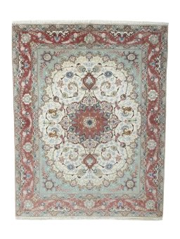 Full view of New Tabriz 50/60/70 Raj rug from Iran / Persia, 198 × 155 cm in Beige tones