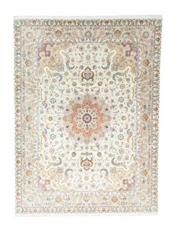 Full view of New Tabriz 50/60/70 Raj rug from Iran / Persia, 402 × 298 cm in Beige tones
