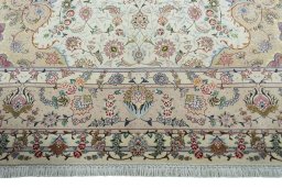 Full view of New Tabriz 50/60/70 Raj rug from Iran / Persia, 402 × 298 cm in Beige tones