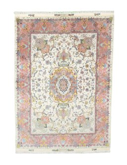 Full view of 2000s Tabriz 50/60/70 Raj rug from Iran / Persia, 214 × 151 cm in Beige tones