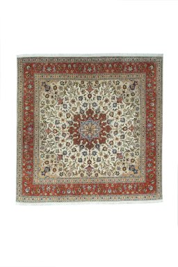 Full view of 2000s Tabriz 50/60/70 Raj rug from Iran / Persia, 201 × 201 cm in Beige tones
