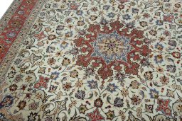 Backside of handmade 2000s Tabriz 50/60/70 Raj rug showing knot structure and weave density