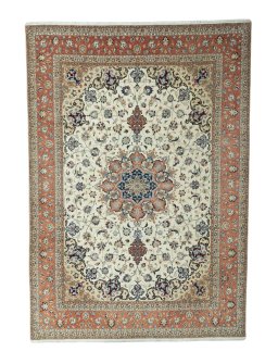 Full view of 2000s Tabriz 50/60/70 Raj rug from Iran / Persia, 359 × 250 cm in Beige tones