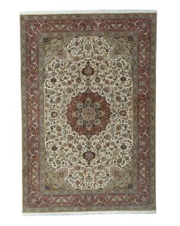 Full view of 2000s Tabriz 50/60/70 Raj rug from Iran / Persia, 306 × 206 cm in Beige tones