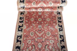 Full view of 2000s Tabriz 50/60/70 Raj rug from Iran / Persia, 390 × 85 cm in Red tones