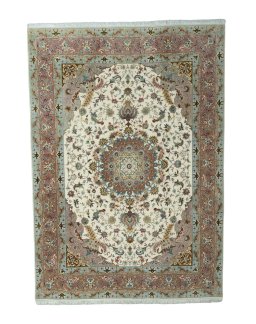 Full view of 2000s Tabriz 50/60/70 Raj rug from Iran / Persia, 352 × 248 cm in Beige tones