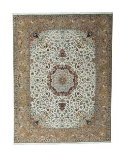 Full view of 2000s Tabriz 50/60/70 Raj rug from Iran / Persia, 400 × 305 cm in Beige tones