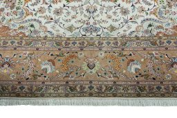 Full view of 2000s Tabriz 50/60/70 Raj rug from Iran / Persia, 400 × 305 cm in Beige tones