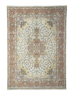 Full view of 2000s Tabriz 50/60/70 Raj rug from Iran / Persia, 408 × 291 cm in Beige tones