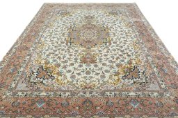 Surface texture of 2000s Tabriz 50/60/70 Raj rug with natural Cork and intricate pattern
