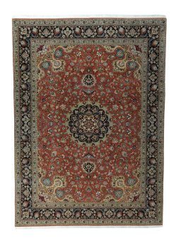Full view of 2000s Tabriz 50/60/70 Raj rug from Iran / Persia, 348 × 251 cm in Red tones