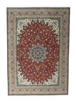Full view of 2000s Tabriz 50/60/70 Raj rug from Iran / Persia, 354 × 250 cm in Red tones