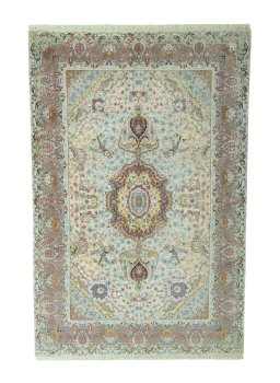 Full view of 2000s Tabriz 50/60/70 Raj rug from Iran / Persia, 300 × 198 cm in Beige tones