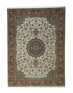 Full view of 2000s Tabriz 50/60/70 Raj rug from Iran / Persia, 344 × 251 cm in Beige tones
