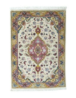 Full view of 2000s Tabriz 50/60/70 Raj rug from Iran / Persia, 88 × 60 cm in Beige tones
