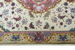 Full view of 2000s Tabriz 50/60/70 Raj rug from Iran / Persia, 88 × 60 cm in Beige tones
