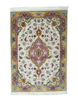 Full view of 2000s Tabriz 50/60/70 Raj rug from Iran / Persia, 87 × 60 cm in Beige tones