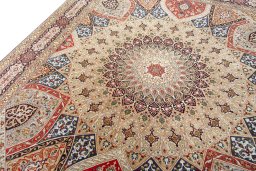 Backside of handmade New Tabriz 50/60/70 Raj rug showing knot structure and weave density