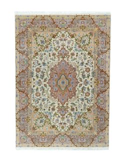 Full view of New Tabriz 50/60/70 Raj rug from Iran / Persia, 216 × 154 cm in Beige tones