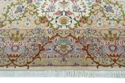 Full view of New Tabriz 50/60/70 Raj rug from Iran / Persia, 216 × 154 cm in Beige tones