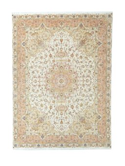 Full view of New Tabriz 50/60/70 Raj rug from Iran / Persia, 410 × 304 cm in Beige tones