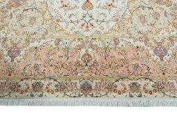 Full view of New Tabriz 50/60/70 Raj rug from Iran / Persia, 410 × 304 cm in Beige tones