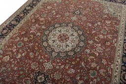 Backside of handmade 2000s Tabriz 50/60/70 Raj rug showing knot structure and weave density