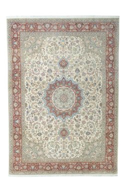 Full view of 2000s Tabriz 50/60/70 Raj rug from Iran / Persia, 352 × 250 cm in Beige tones