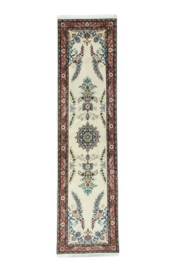 Full view of 2000s Tabriz 50/60/70 Raj rug from Iran / Persia, 290 × 75 cm in Beige tones