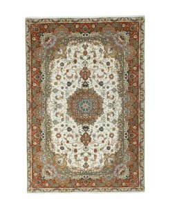 Full view of New Tabriz 50/60/70 Raj rug from Iran / Persia, 308 × 210 cm in Beige tones