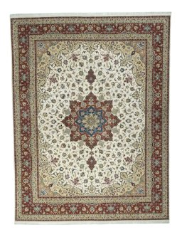 Full view of 2000s Tabriz 50/60/70 Raj rug from Iran / Persia, 395 × 300 cm in Beige tones