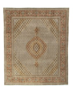 Full view of 2000s Tabriz 50/60/70 Raj rug from Iran / Persia, 298 × 247 cm in Beige tones