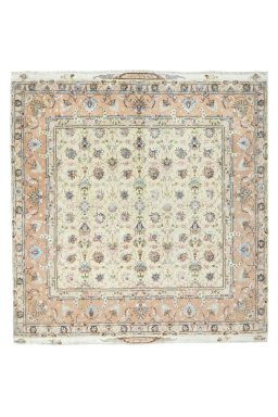 Full view of 2000s Tabriz 50/60/70 Raj rug from Iran / Persia, 207 × 196 cm in Beige tones