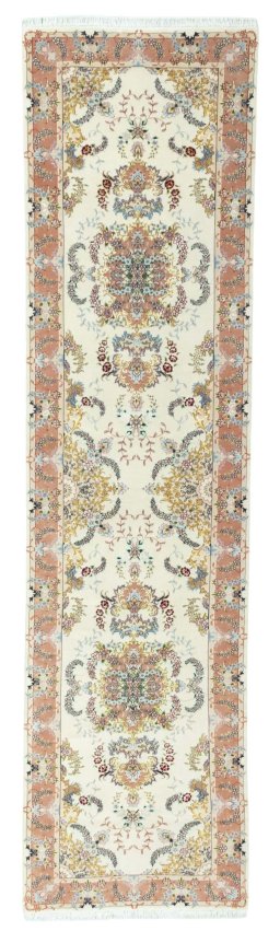 Full view of New Tabriz 50/60/70 Raj rug from Iran / Persia, 340 × 87 cm in Beige tones