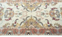 Full view of New Tabriz 50/60/70 Raj rug from Iran / Persia, 340 × 87 cm in Beige tones