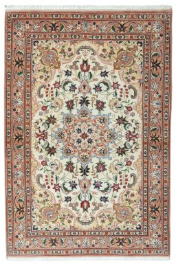 Full view of 2000s Tabriz 50/60/70 Raj rug from Iran / Persia, 150 × 100 cm in Beige tones