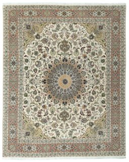 Full view of 2000s Tabriz 50/60/70 Raj rug from Iran / Persia, 252 × 201 cm in Beige tones