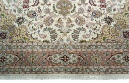 Full view of 2000s Tabriz 50/60/70 Raj rug from Iran / Persia, 252 × 201 cm in Beige tones