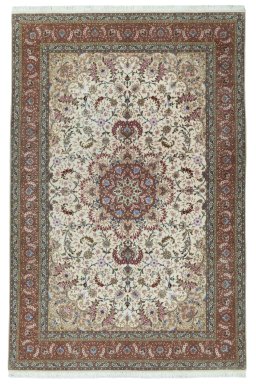 Full view of 2000s Tabriz 50/60/70 Raj rug from Iran / Persia, 310 × 203 cm in Beige tones