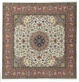 Full view of 2000s Tabriz 50/60/70 Raj rug from Iran / Persia, 256 × 252 cm in Beige tones
